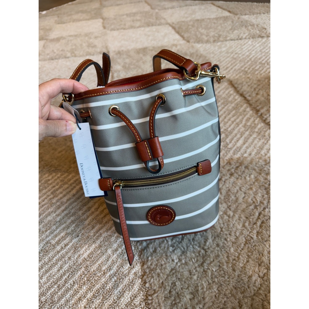 Dooney & Bourke Striped Drawstring Bucket Bag Grey White Leather Trim NWT